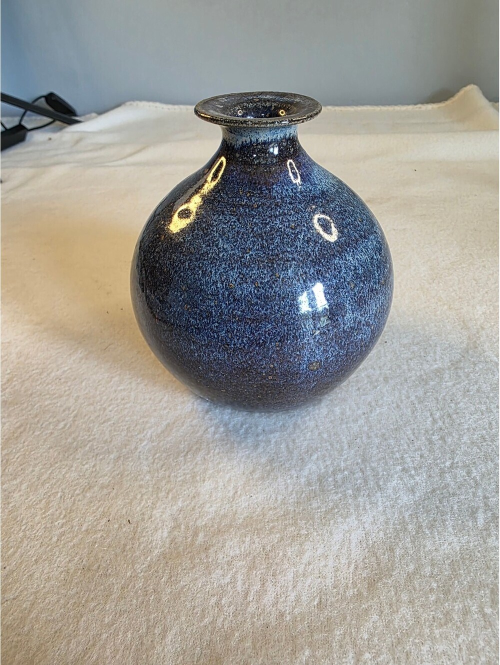 Vintage Signed Studio Pottery Blue Speckled Glaze Round Bud Vase 5.5"